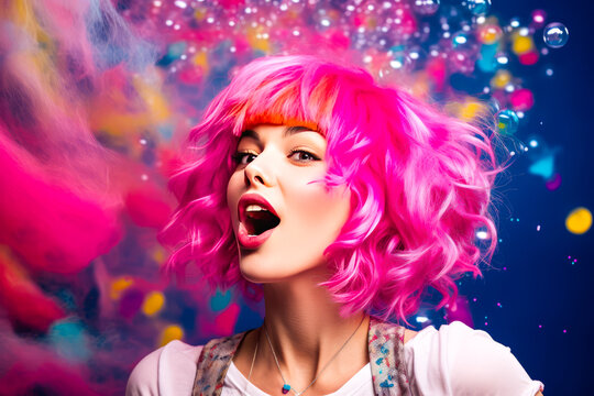 Captivating, young free-spirited woman with rainbow-colored hair popping a vibrant bubble gum against a neon confetti explosion on a plain studio background. Generative AI