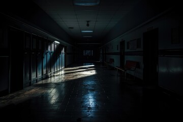b&w empty dark school corridor with sunlight coming through the windows, Generative AI
