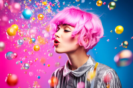 Vibrant lady with rainbow-colored hair blowing a bubblegum bubble against neon confetti explosion on plain background. Embodies fun, coolness and color burst. Generative AI