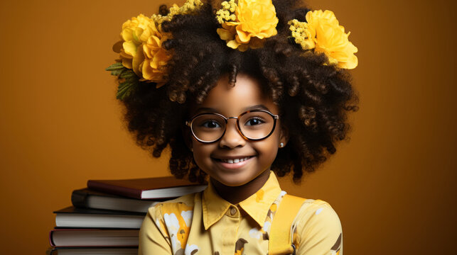 Smiling african american girl in eyeglasses with books and flowers isolated on yellow. Generative AI.