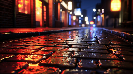 a brick street at night with lit up neon signs
