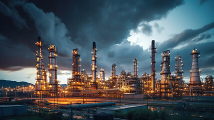 Obraz na płótnie Canvas industrial industrial oil refinery plants at the light of evening dark sky