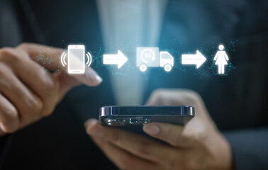 Human use technology phone for fashion online shopping, delivery, summer, sale, buy, purchases, digital marketing, ordering product, E-commerce, supermarket, platforms, sme, online shopping