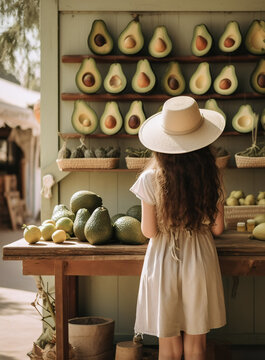 a girl in a hat with a brim buys an avocado. devoration. photozone. the girl stands with her back. decor for a festive event. Asia. vacation. journey