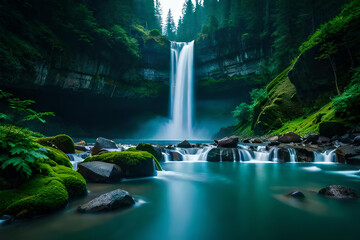 Embark on a visual journey through the heart of nature with a breathtaking image of a waterfall in the forest.