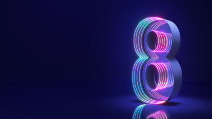 Number eight sci-fi style Neon lights on dark blue background,3d rendering