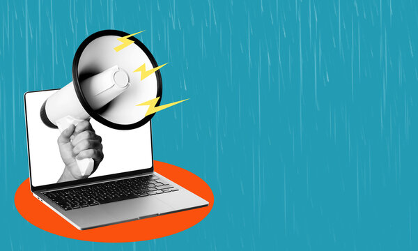 Art collage, laptop, and megaphone on blue background with copy space.