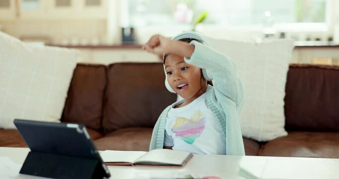 Little girl, tablet and question in elearning, virtual classroom or education and knowledge at home. Excited child raising hand in remote FAQ, online learning or answer with technology in living room