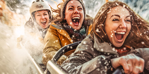 Exhilarating capture of three adventurous women, joyfully descending a snowy slope on a toboggan. Blurred, action-filled background highlights extreme winter sport and friendship. Generative AI - obrazy, fototapety, plakaty