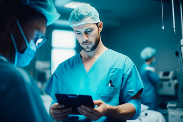 Surgeon man checking digital tablet in operating room. Generative AI.