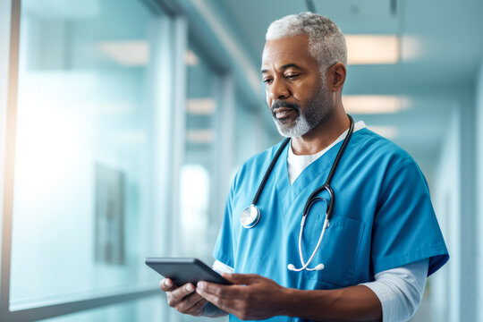 Black male nurse looking at digital tablet in the hospital. Generative AI.