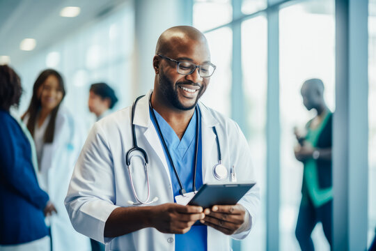 African american male doctor with eyeglasses smiling looking at digital tablet in corridor at the hospital. Generative AI.