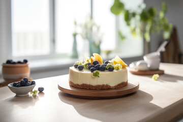Classic New York cheesecake with fresh black berries against a bright white kitchen in the sunshine. Cheesecake composition for a restaurant menu. Generative AI professional photo imitation.