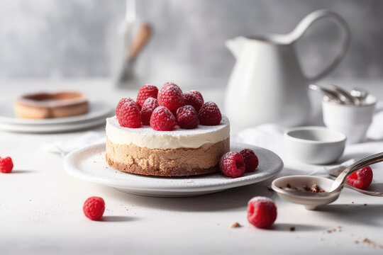 Small portioned round cheesecake cake with fresh berries on top against a bright white kitchen. Small curd dessert with raspberry. Generative AI professional photo imitation.