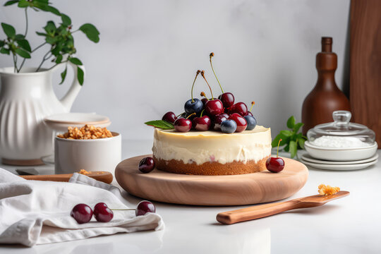 Classic New York cheesecake with fresh cherry berries against a bright white kitchen in the sunshine. Cheesecake composition for a restaurant menu. Generative AI professional photo imitation.