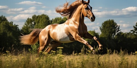  A Horse Captured Mid-Air in a Breathtaking Jump, Amidst Lush Green Fields - Radiating Poise and Beauty - Capturing the Mesmerizing Grace of a Horse in Motion Generative AI Digital Illustration