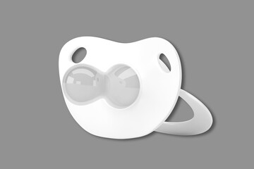 Blank white pacifier made of soft silicone isolated on a grey background side view, nobody.3d rendering.