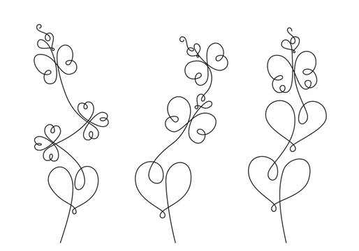 Vines with hearts, flowers and butterflies in line art stile isolated on white background. Floral border and corner for wedding card, Valentines day, greeting design, embroidery or other. Vector set.