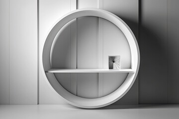 Round picture frame with white empty shelf. Realistic oblique window shadows in the template. Generative AI