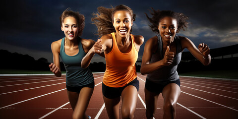 Inspiring trio of diverse, sporty young women collectively crossing a victorious finish line; encapsulating the vibrant energy of youth and competition on track field. Generative AI