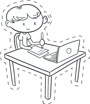 Child boy writing on table and laptop vector image.Boy writing with pencil on paper at table and laptop on table Coloring page for kids