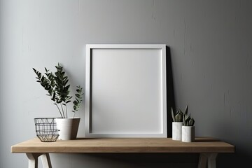 White photo frame with a minimalist portrait frame on a wooden table. Generative AI