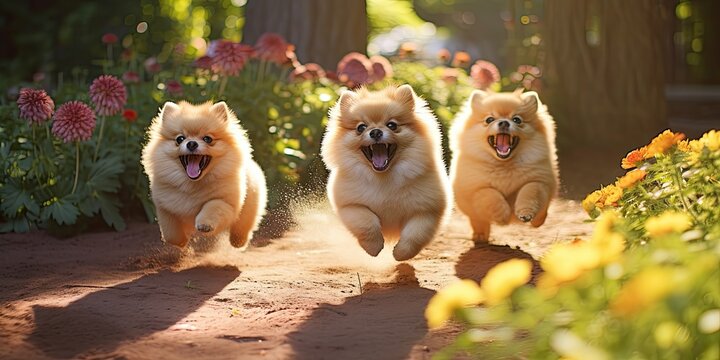  Frolicking in a Sun-Kissed Garden, Chasing Their Tails - Exuding Boundless Happiness and Playfulness - Capturing the Infectious Joy of Pomeranian Puppies at Play Generative AI Digital Illustration