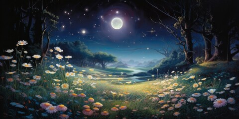 Obraz na płótnie Canvas Shimmering in a Moonlit Meadow, Amidst Blooming Flowers - Emanating Enchantment and Wonder - Capturing the Spellbinding Allure of a Love-Infused Symbol Generative AI Digital Illustration