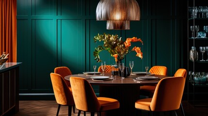 Dining Room: The walls are painted in a vibrant emerald green, creating a refreshing and lively ambiance. 
