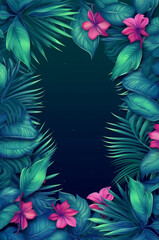 Frame mockup with Tropical leaves and flowers. Generative ai