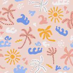 Seamless summer background with hand drawn abstract shapes. Holiday creative pattern. Vector illustration