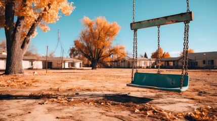 Empty swing set in a deserted playground, nostalgia and childhood memories concept.
