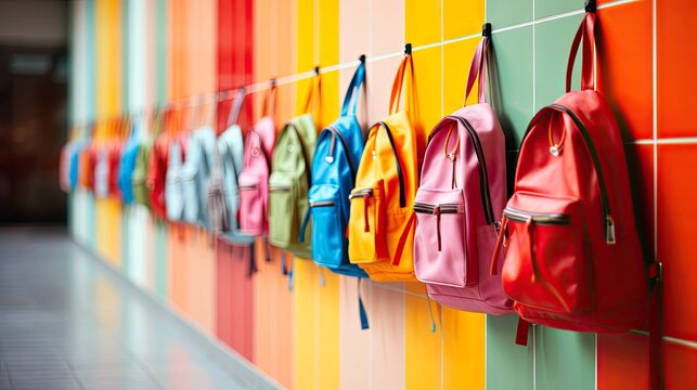 Colorful backpacks hanging on hooks in a hallway, representing the anticipation of a new school year.