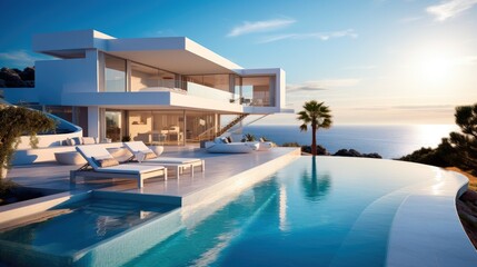 Fototapeta premium A contemporary white house with a pool overlooking the ocean. 