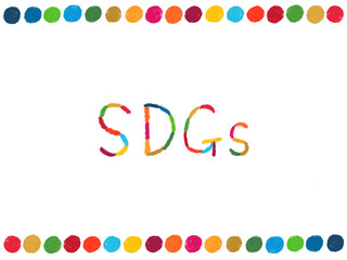 Background frame and logo inspired by SDGs, hand-drawn illustration of simple colored pencils / SDGsをイメージした背景フレームとロゴ、シンプルな色鉛筆の手描きイラスト