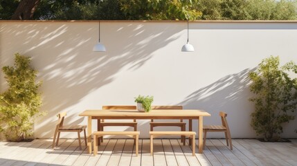 Minimalist outdoor dining area with a wooden table, modern chairs, and pendant lighting, generative ai