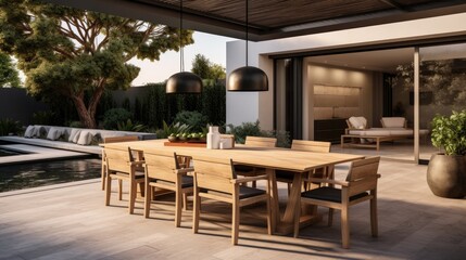 Fototapeta na wymiar Minimalist outdoor dining area with a wooden table, modern chairs, and pendant lighting, generative ai