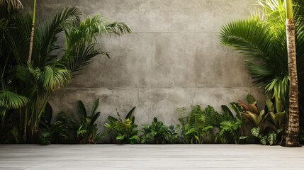 Exotic Retreat: Embracing Nature with an Empty Exterior Concrete Wall and a Tropical Paradise Garden