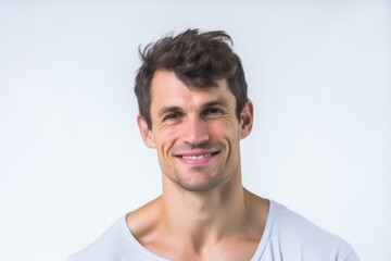 Fototapeta premium Close-up portrait photography of a satisfied boy in his 30s in underwear against a white background. With generative AI technology