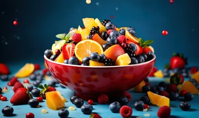 fruit salad in glass red bowl, blue background