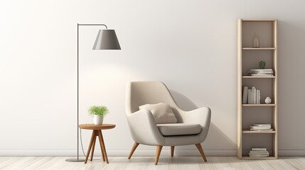 Minimalist reading nook with a cozy armchair, a floor lamp, and a built-in bookshelf, generative ai