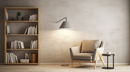 Minimalist reading nook with a cozy armchair, a floor lamp, and a built-in bookshelf, generative ai