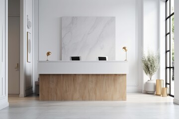 White wall with blank branding panel and wooden reception desk. Generative AI