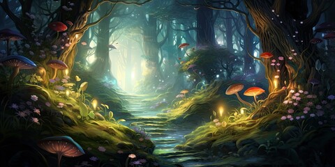 Scattered Along a Whimsical Path in a Mystical Forest, Illuminated by Soft Dappled Sunlight - Exuding Enchantment and Curiosity  Generative AI Digital Illustration