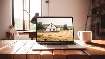 Laptop Displaying Agricultural Landscape and Coffee Cup on Wooden Table. Digital Farming, Morning Routine, Work-Life Balance.