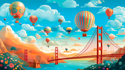 Fototapeta premium Colorful hot air balloons flying over the Golden Gate bridge in San Francisco. Illustration.