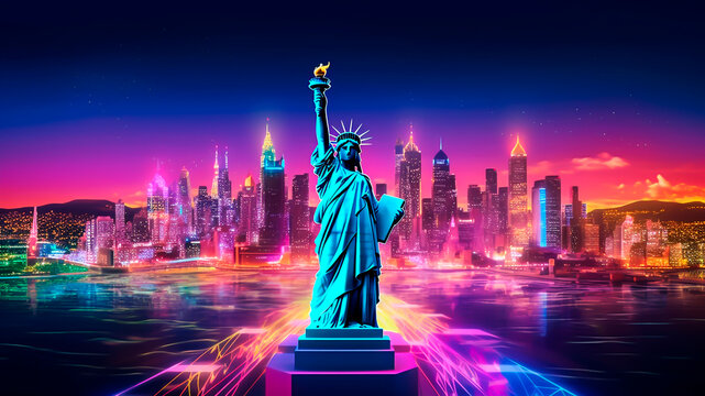 Illustration of Statue of liberty and New York city skyline at night.