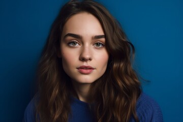 Naklejka premium Close-up portrait photography of a tender girl in her 20s wearing a versatile pair of leggings against a royal blue background. With generative AI technology