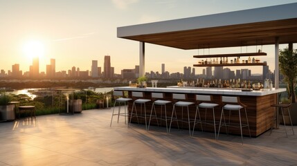 Obraz premium Minimalist rooftop bar with a sleek bar counter, bar stools, and panoramic city views, generative ai