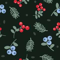 Vector seamless pattern with wild berries cranberries and blueberries 